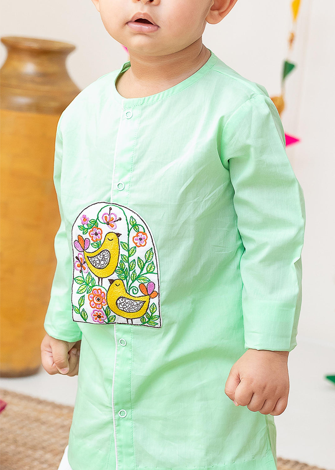 Organic Cotton Embroidered Green Kurta paired with Pajama Pants - Birds in Bloom