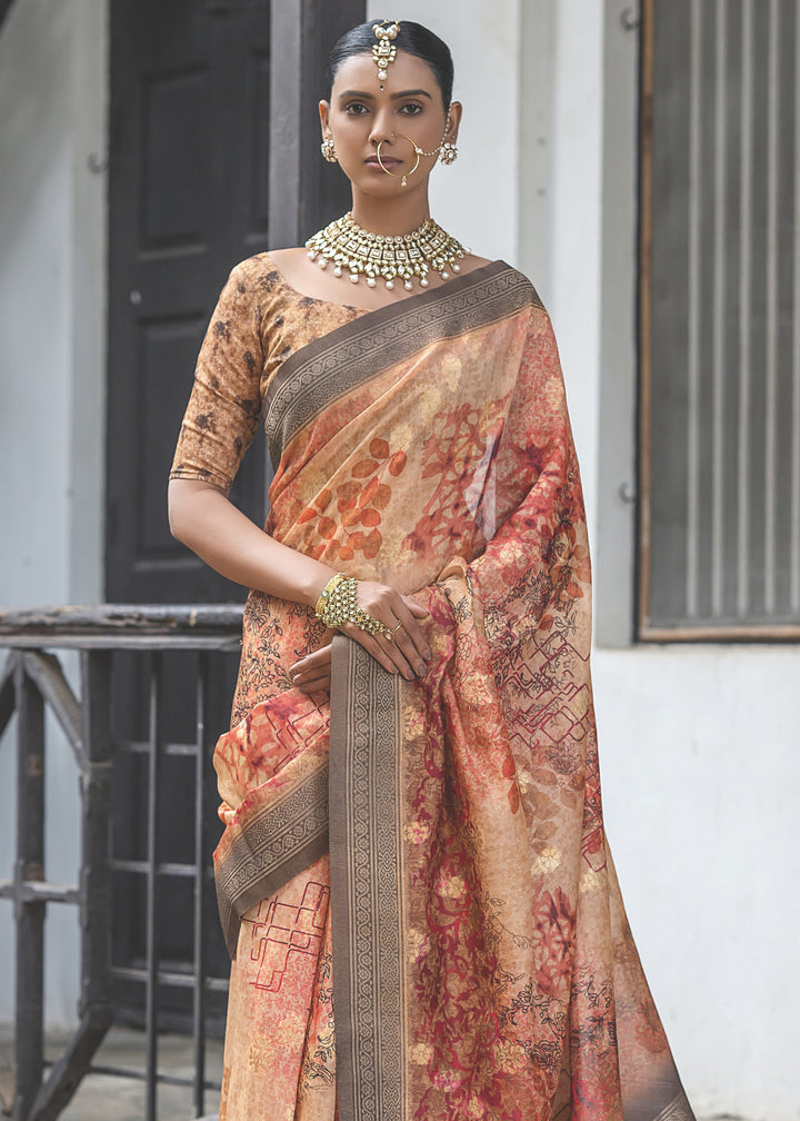 Orange and Grey Woven Silk Saree