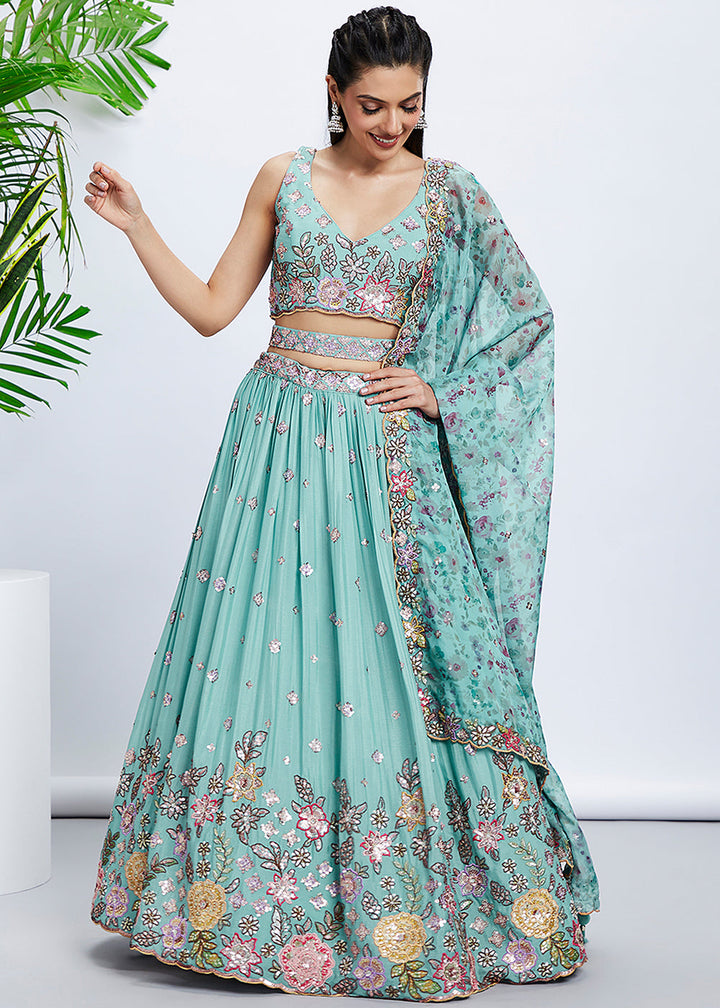 Turquoise Blue Chiffon Lehenga Choli with Sequins & Thread Embroidery work