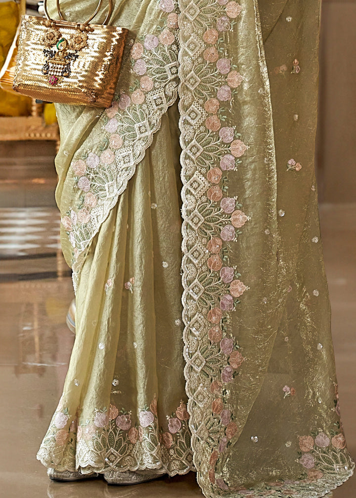 Lime Green Fancy Tissue Saree With Unique Work And Designer Blouse