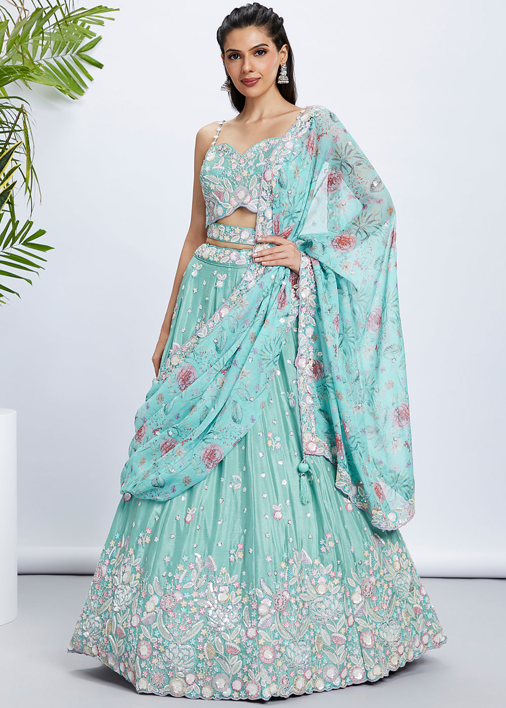 Blue Green Chiffon Lehenga Choli with Sequins & Thread Embroidery work