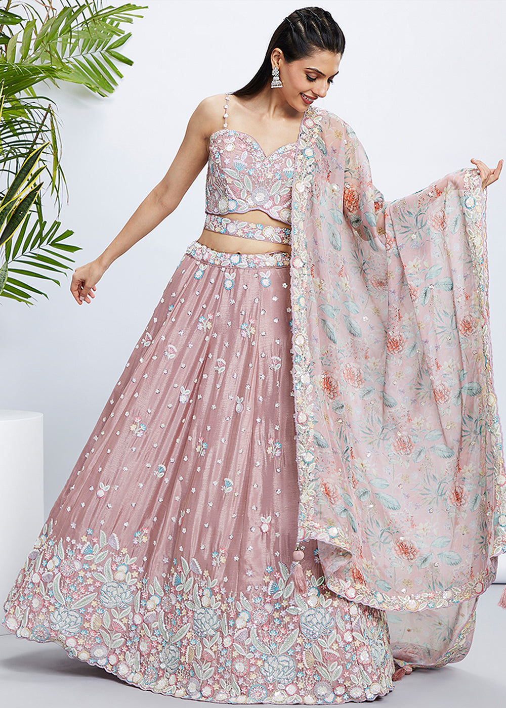 Rose Gold Chiffon Lehenga Choli with Sequins & Thread Embroidery work