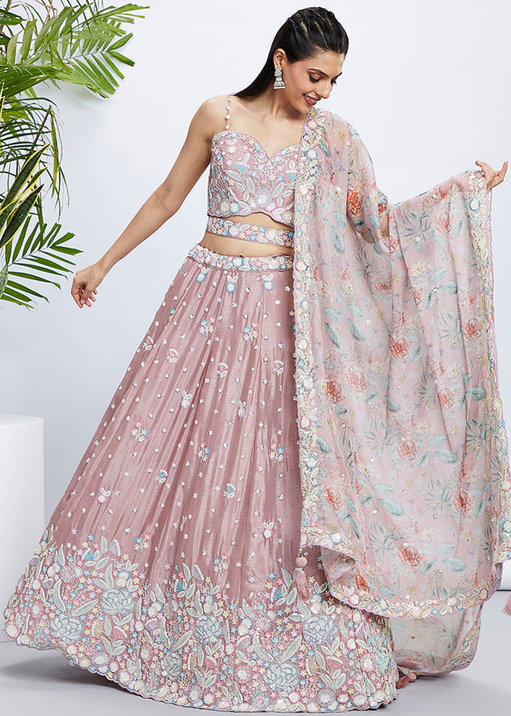 Rose Gold Chiffon Lehenga Choli with Sequins & Thread Embroidery work