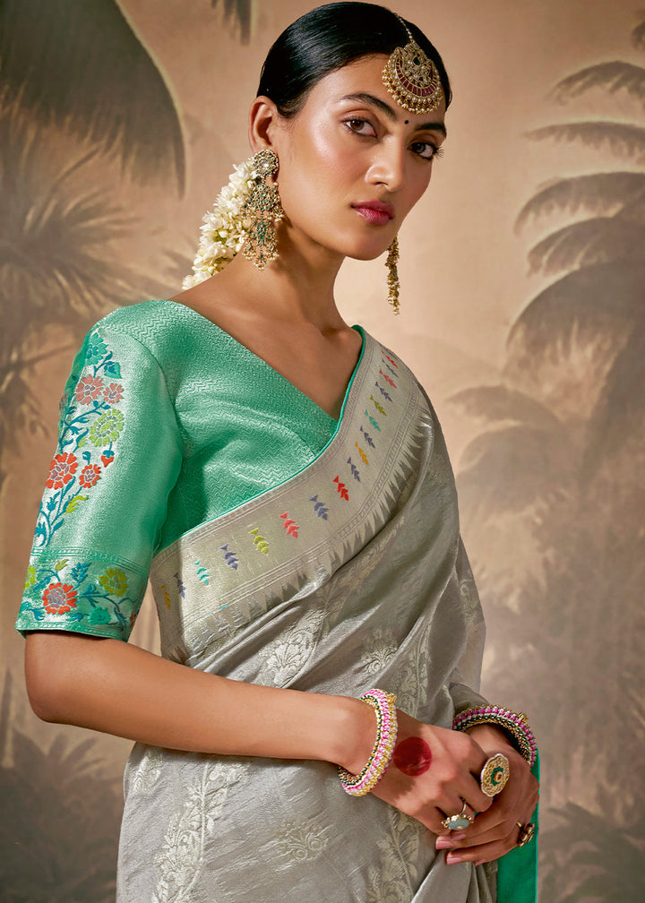 Rhino Grey Munga Silk Saree with Zari work & Woven with Resham in Floral Motifs