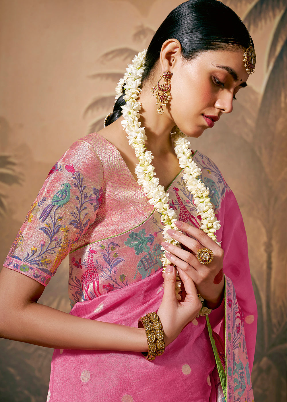 Fuscia Pink Munga Silk Saree with Zari work & Woven with Resham in Floral Motifs