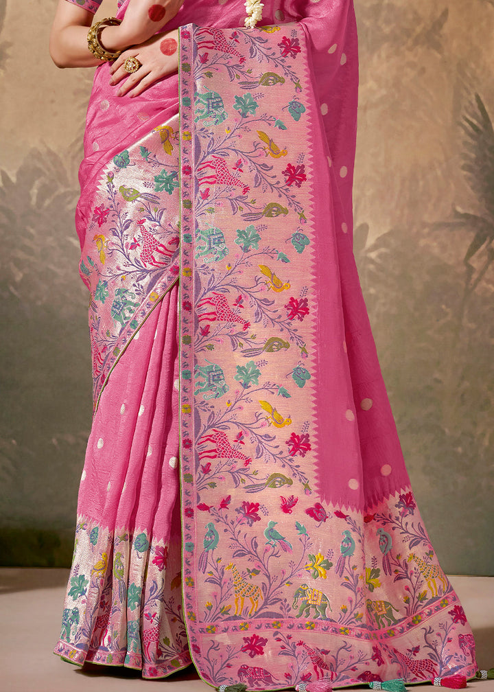 Fuscia Pink Munga Silk Saree with Zari work & Woven with Resham in Floral Motifs