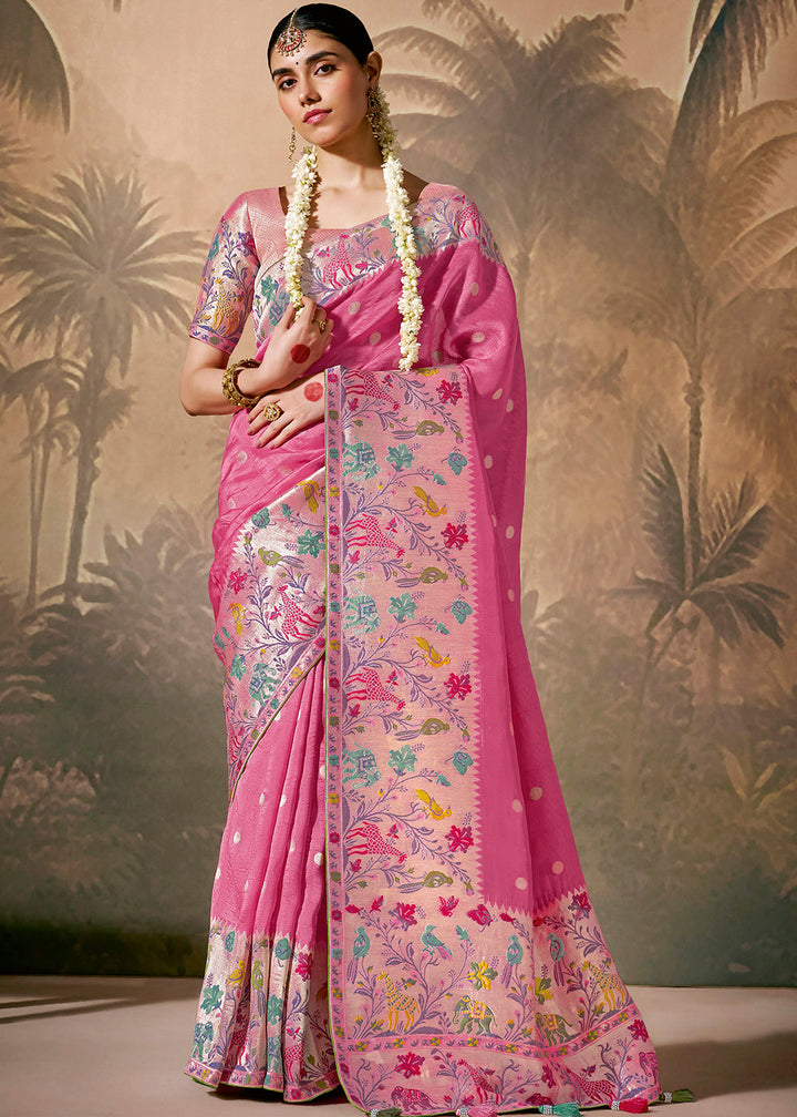 Fuscia Pink Munga Silk Saree with Zari work & Woven with Resham in Floral Motifs