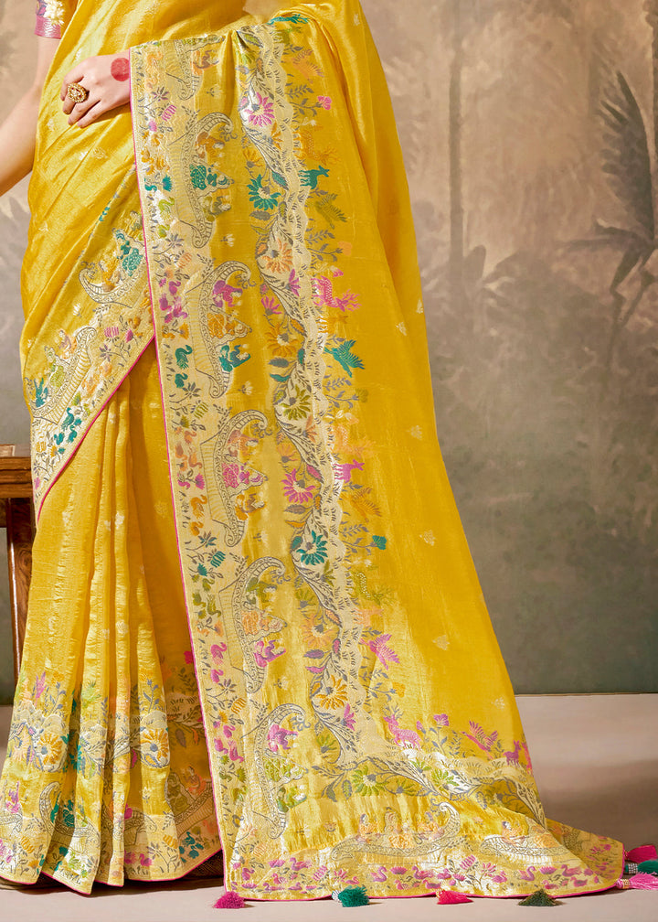 Saffron Yellow Munga Silk Saree with Zari work & Woven with Resham in Floral Motifs