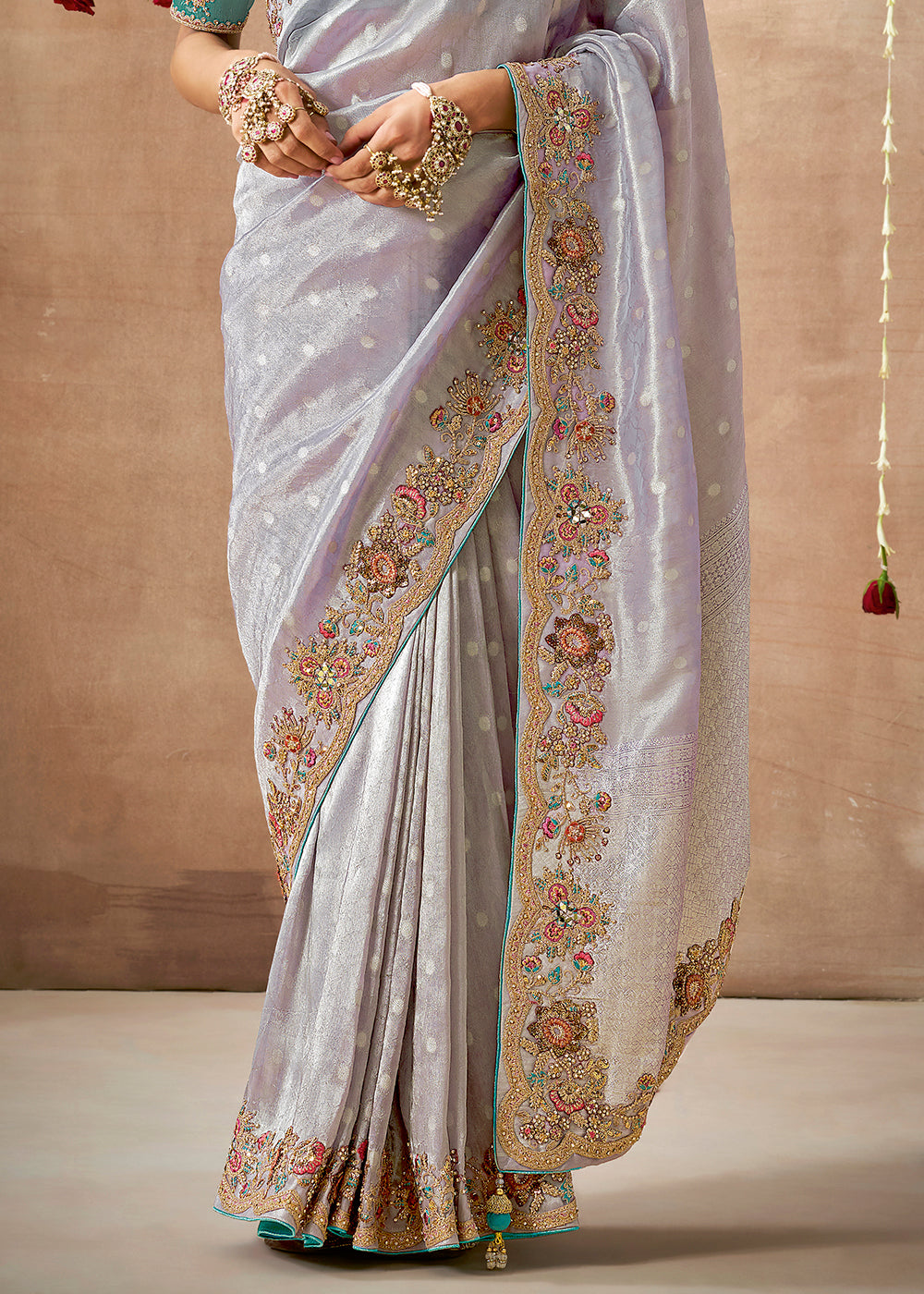 Little Princess Purple Zari Woven Tissue Dola Silk Saree having Sequence, Pearl, Mirror & Thread Work: Festival Edition