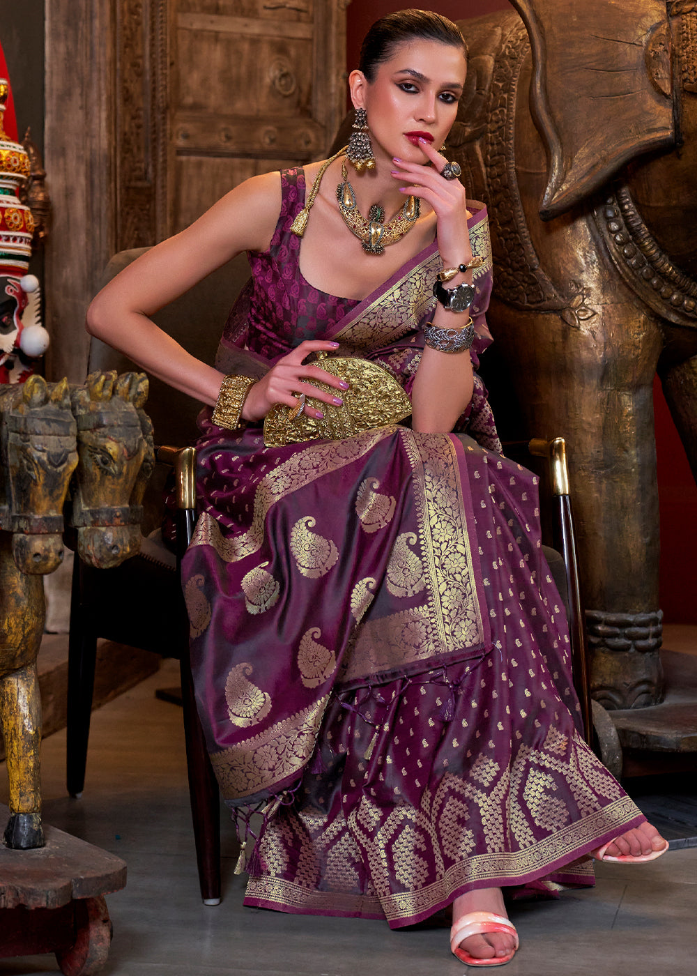 Byzantine Purple Handloom Woven Satin Silk Saree