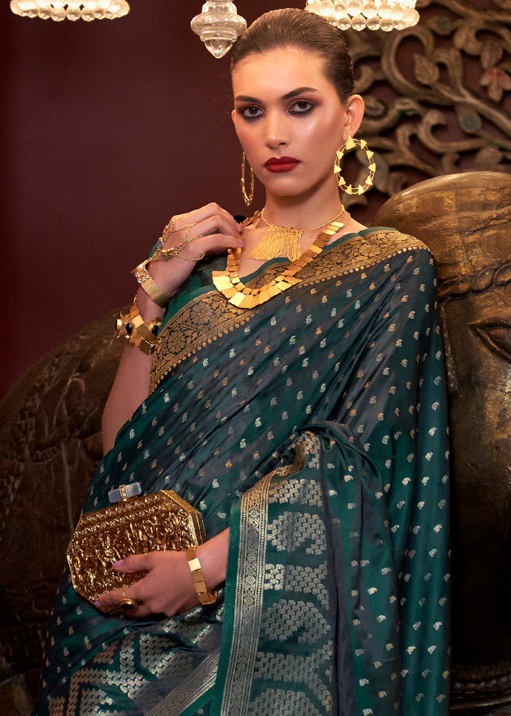 Sacramento Green Handloom Woven Satin Silk Saree