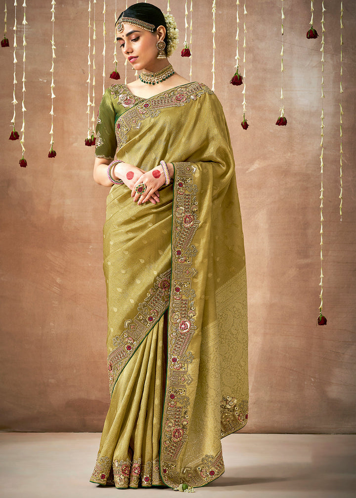 Olive Green Zari Woven Tissue Dola Silk Saree having Sequence, Pearl, Mirror & Thread Work: Festival Edition