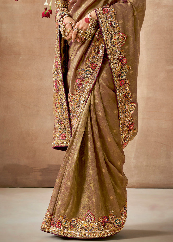 Dolce Brown Zari Woven Tissue Dola Silk Saree having Sequence, Pearl, Mirror & Thread Work: Festival Edition