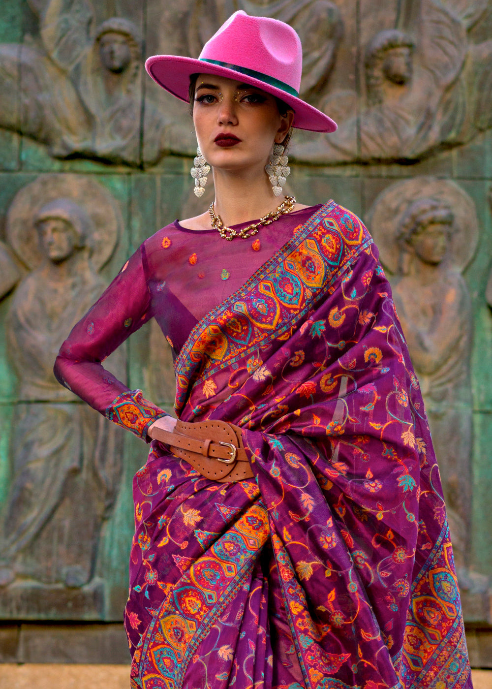 Dark Purple Jamawar Woven Organza Silk Saree