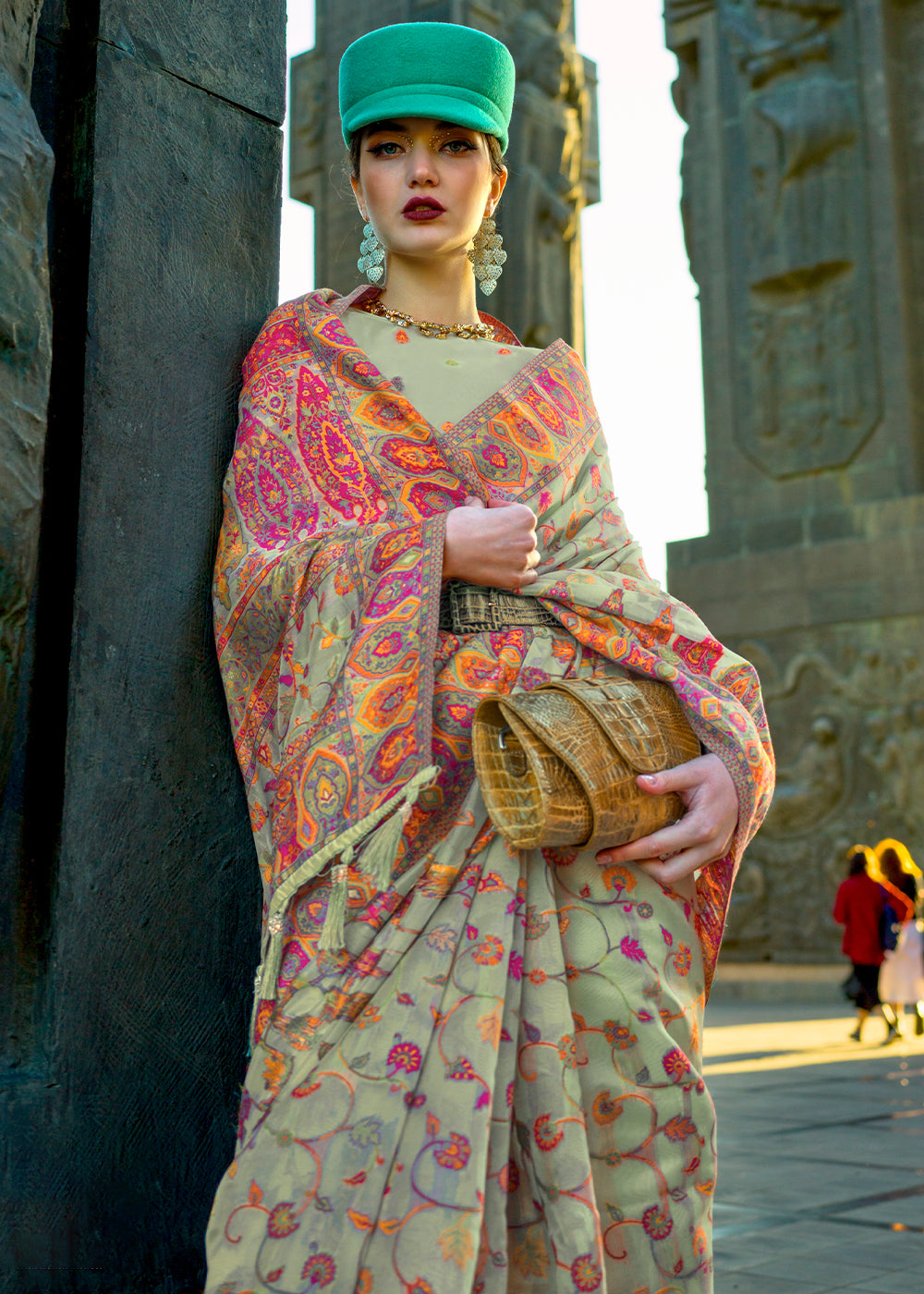 Tea Green Jamawar Woven Organza Silk Saree