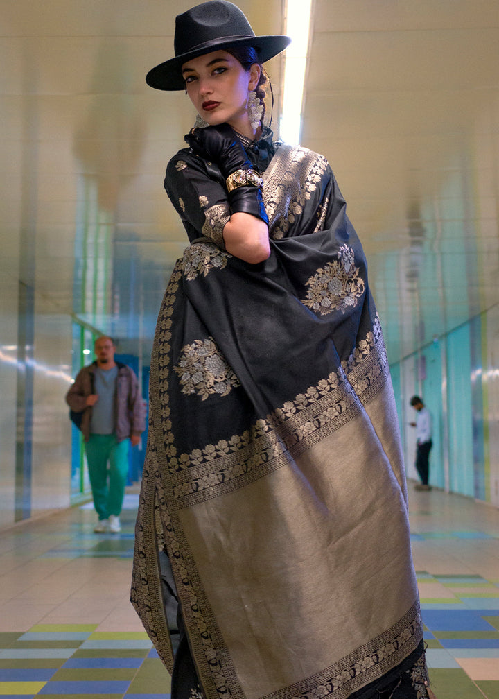 Charcoal Black Handloom Woven Banarasi Silk Saree