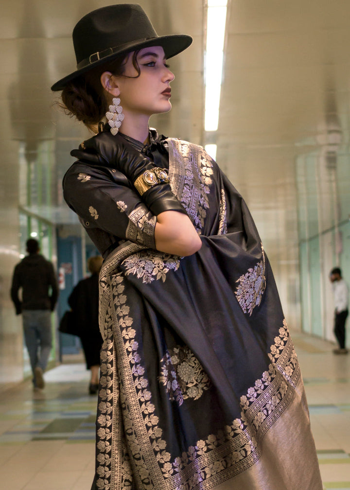 Charcoal Black Handloom Woven Banarasi Silk Saree