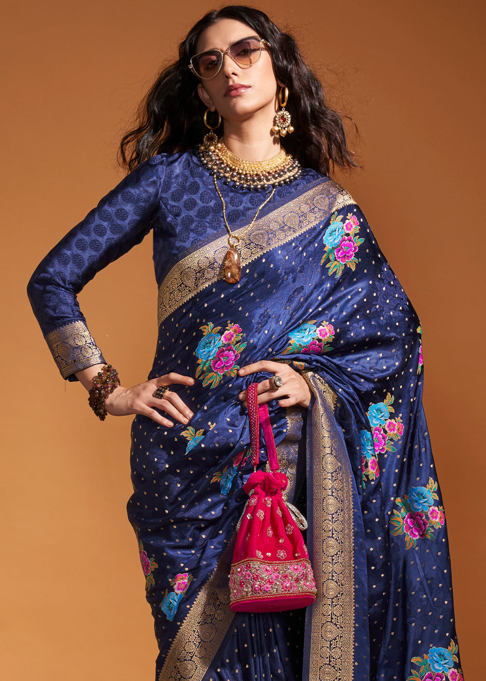 Navy Blue Handloom Satin Silk Saree with Multi Colored Flower Weaving Work