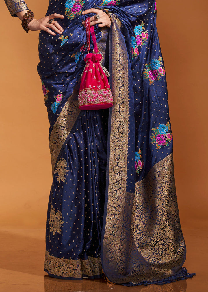 Navy Blue Handloom Satin Silk Saree with Multi Colored Flower Weaving Work