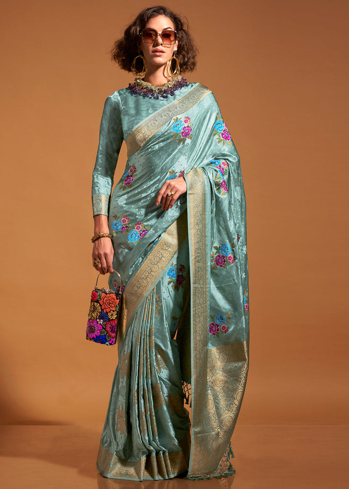 Summer Blue Handloom Satin Silk Saree with Multi Colored Flower Weaving Work