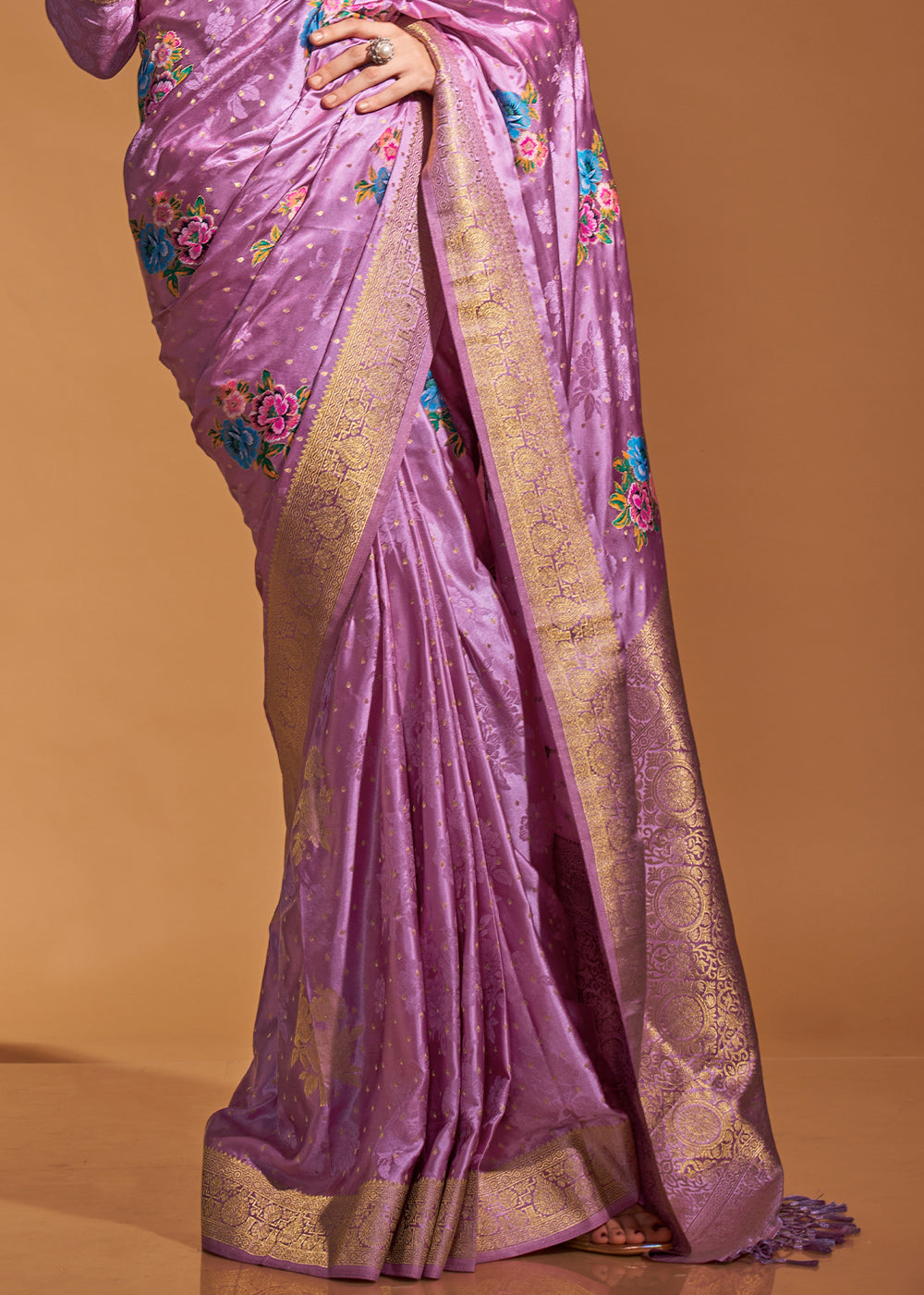 Lilac Purple Handloom Satin Silk Saree with Multi Colored Flower Weaving Work