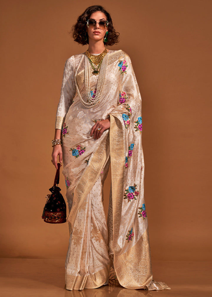 Parchment Brown & White Handloom Satin Silk Saree with Multi Colored Flower Weaving Work