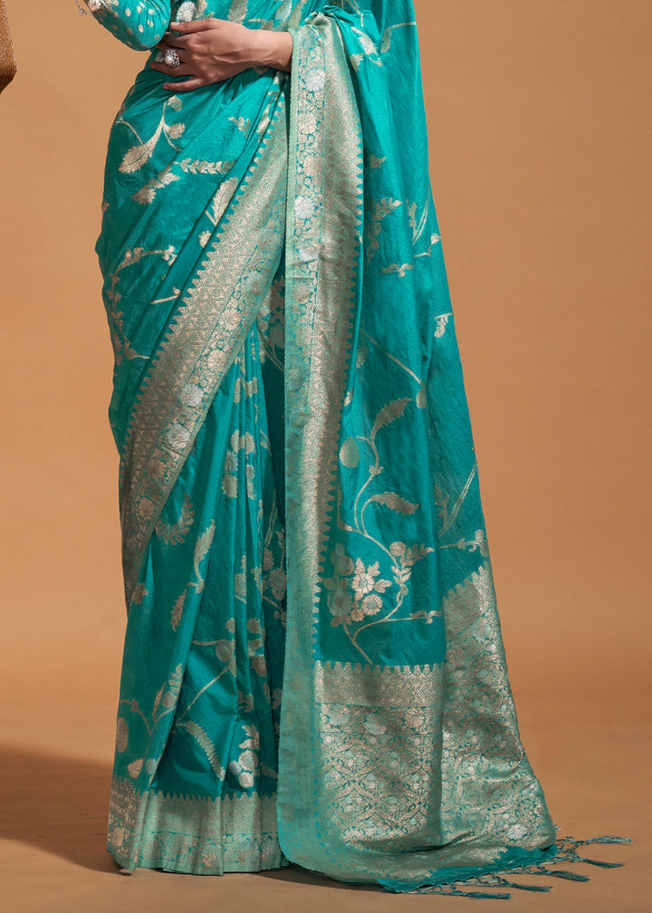 Aqua Blue Floral Handloom Woven Georgette Silk Saree