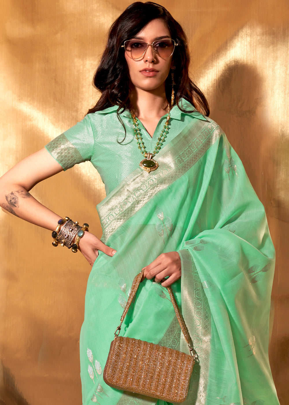 Fern Green Hand Woven Linen Cotton Saree with Brocade Blouse