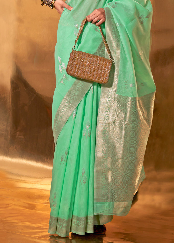 Fern Green Hand Woven Linen Cotton Saree with Brocade Blouse