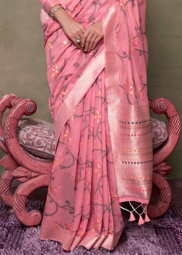 Vivid Pink Jamdani Handwoven Cotton Saree with Brocade Blouse