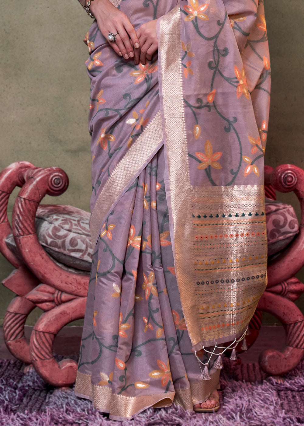 Royal Purple Jamdani Handwoven Cotton Saree with Brocade Blouse