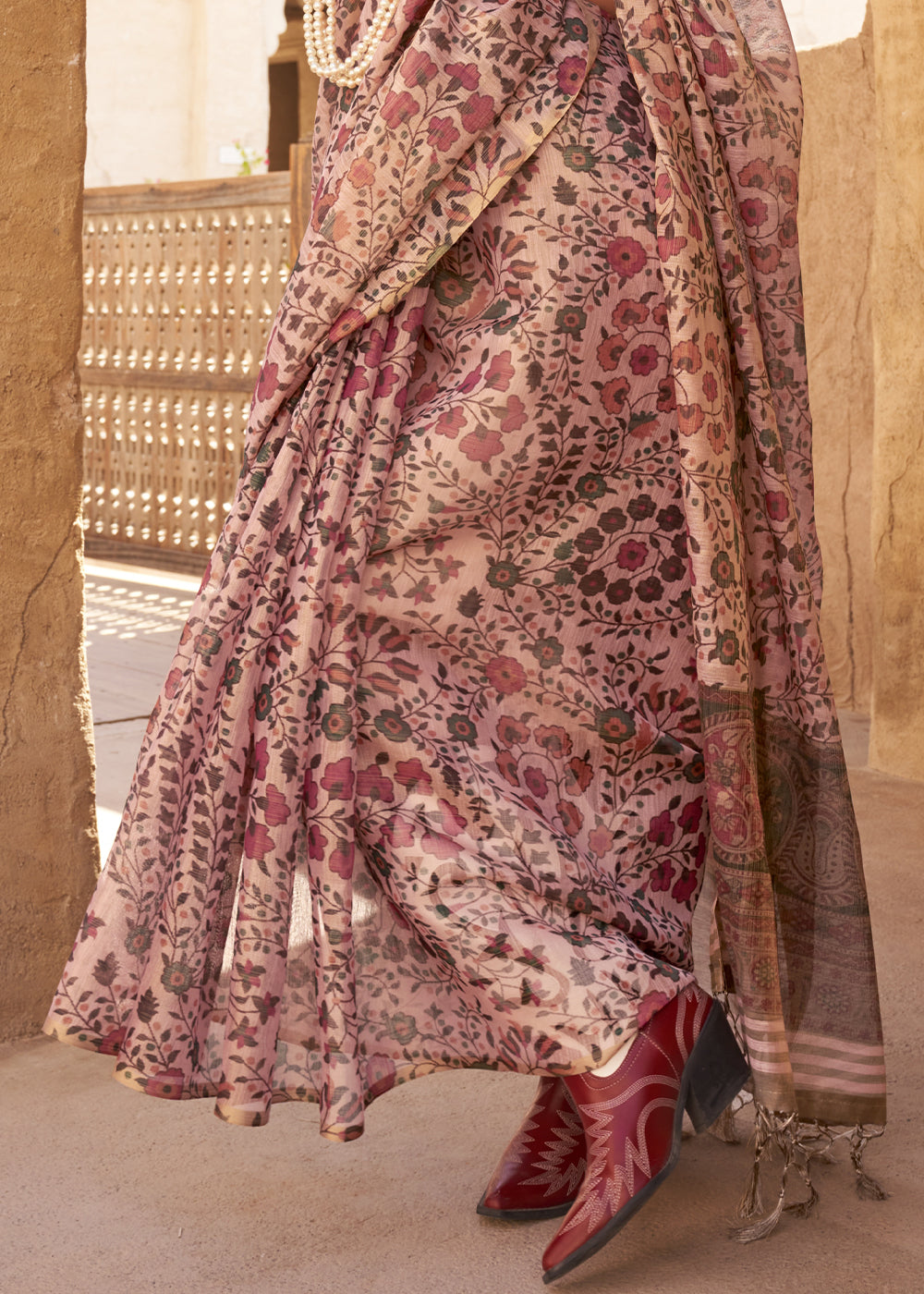 Light Pink Floral Printed Tissue Handloom Saree