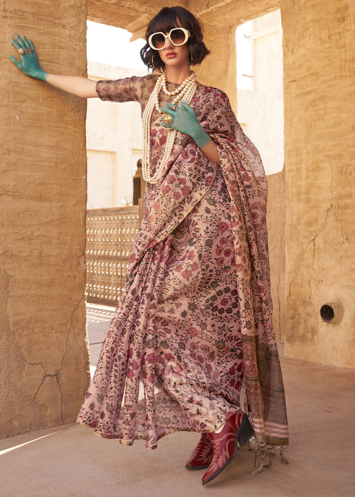 Light Pink Floral Printed Tissue Handloom Saree