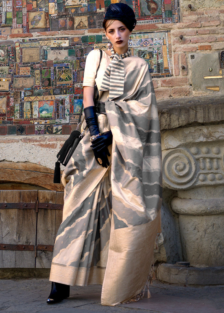 Beige Brown & Grey Rangkaat Handoom Woven Katan Silk Saree