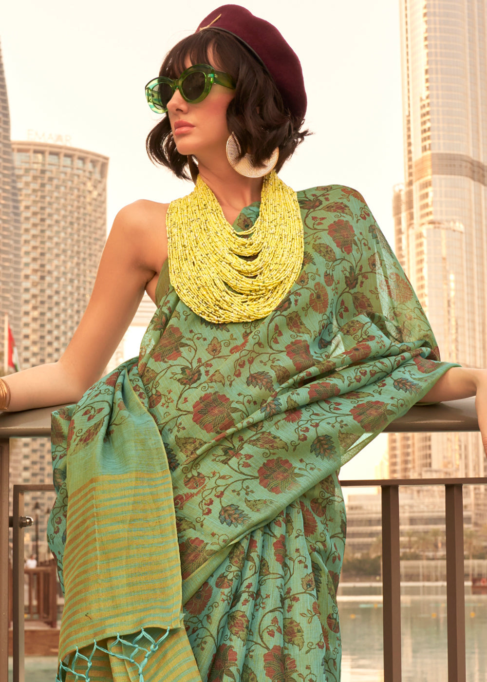 Sage Green Floral Printed Tissue saree