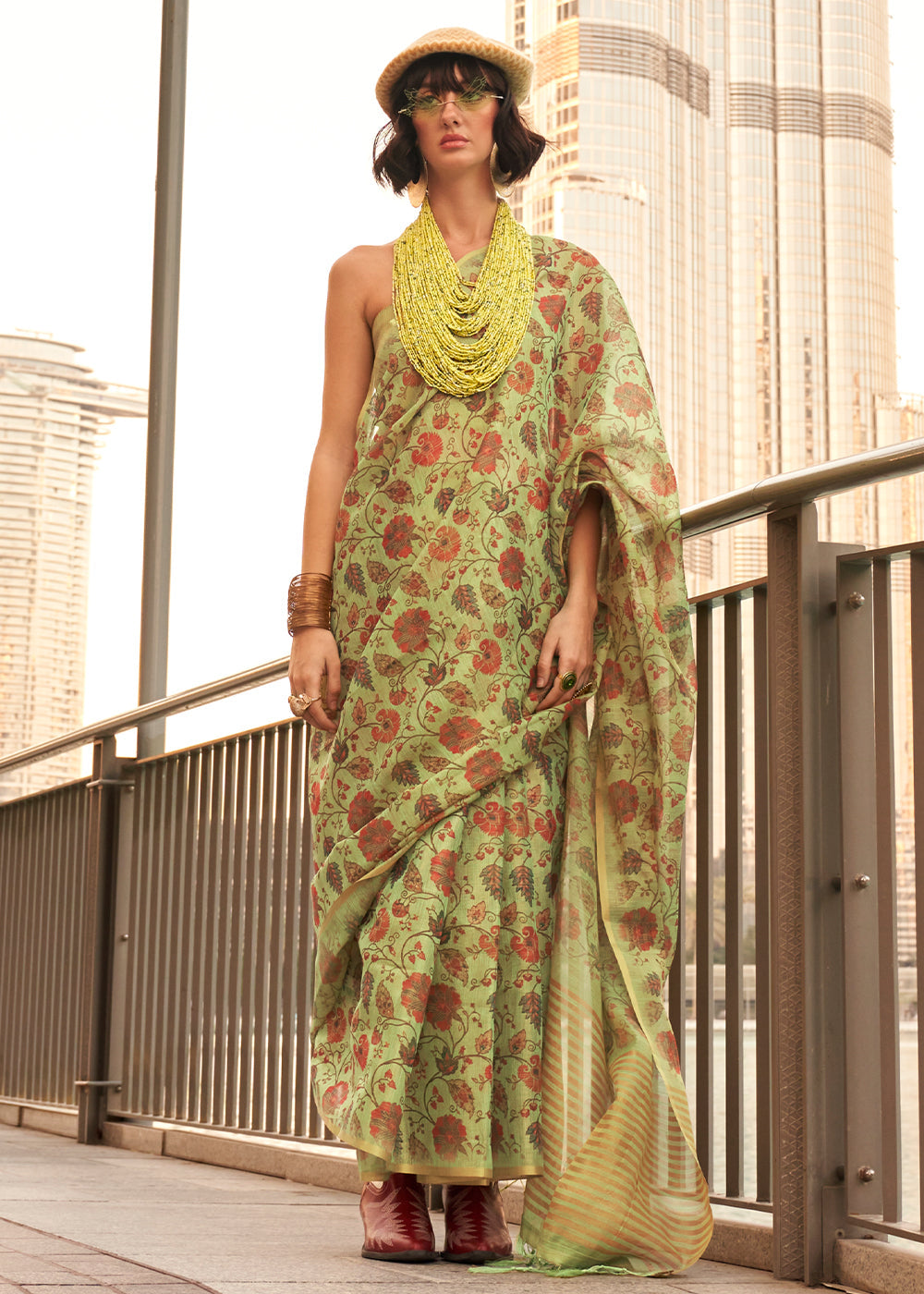 Tea Green Floral Printed Tissue saree