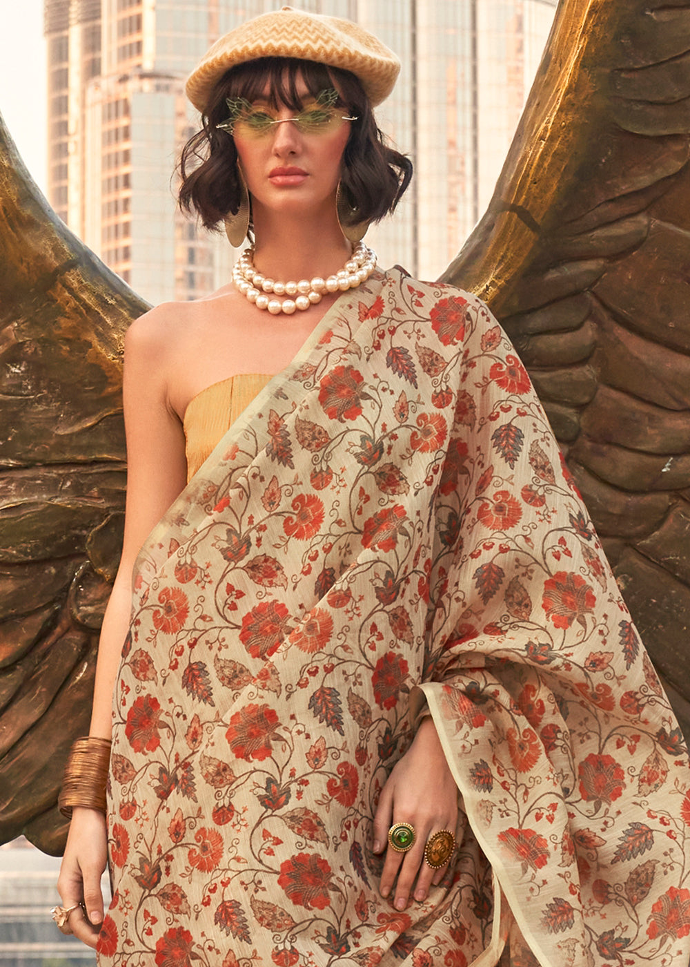 Beige Brown Floral Printed Tissue saree