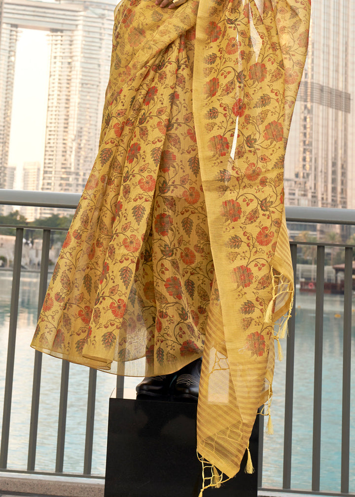 Light Mustard Yellow Floral Printed Tissue saree