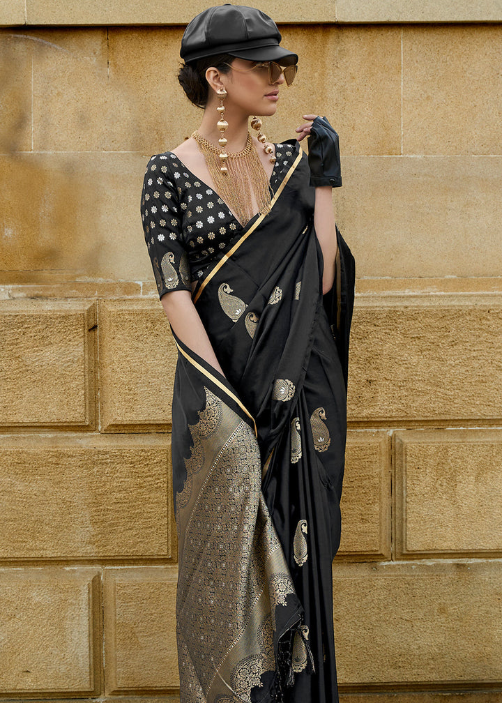 Midnight Black Zari Woven Satin Silk Saree