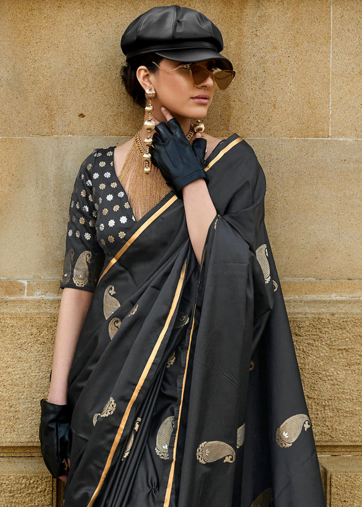 Midnight Black Zari Woven Satin Silk Saree