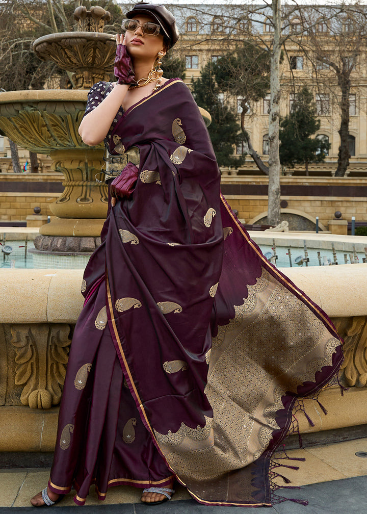 Tyrian Purple Zari Woven Satin Silk Saree