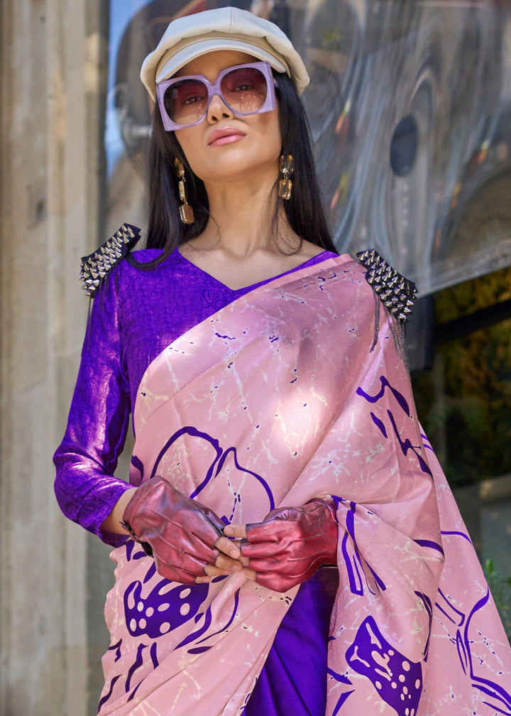 Blue & Pink Contemporary Printed Satin Crepe Saree