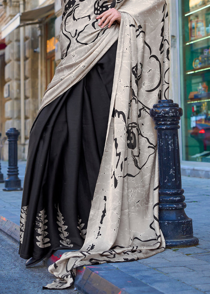 Abalone Grey & Black Contemporary Printed Satin Crepe Saree : Top Pick