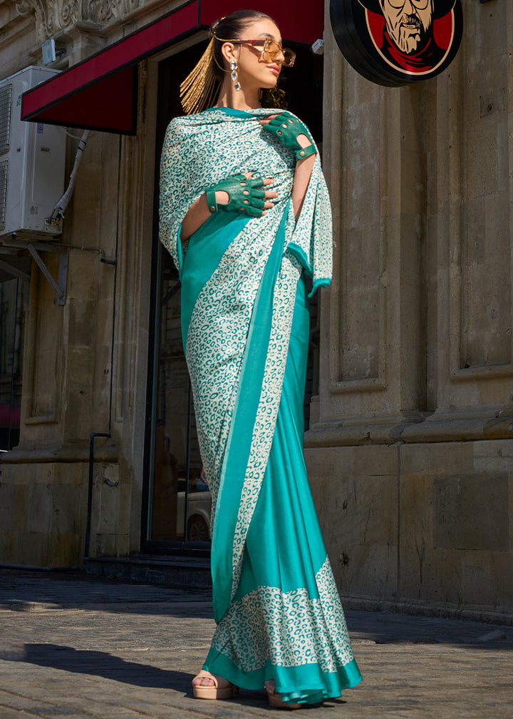 Pacific Blue Contemporary Printed Satin Crepe Saree