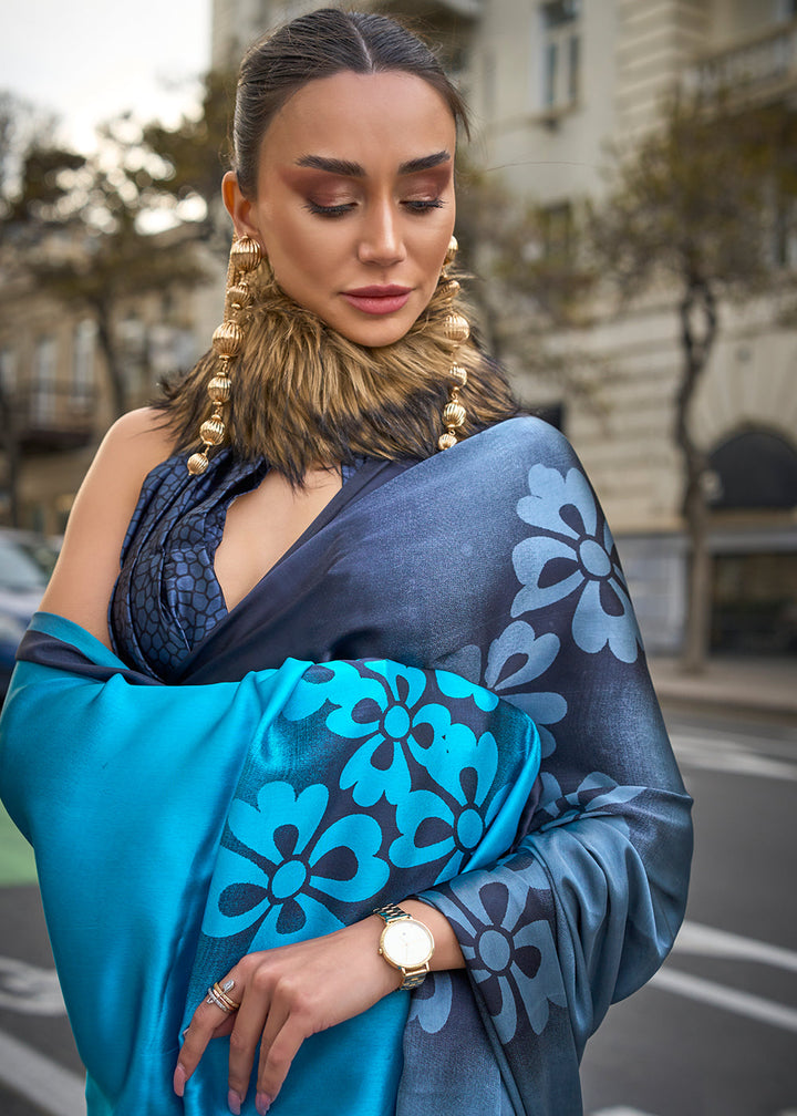 Shades Of Blue Contemporary Printed Satin Crepe Saree