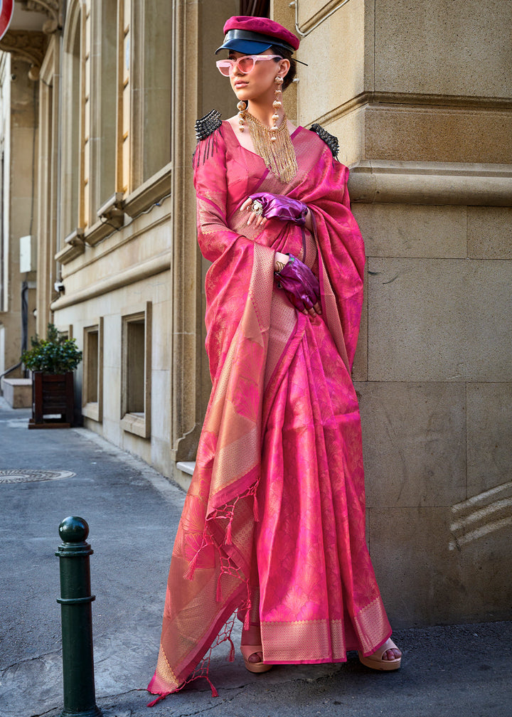 Deep Pink Handwoven Two Tone Organza Silk Saree