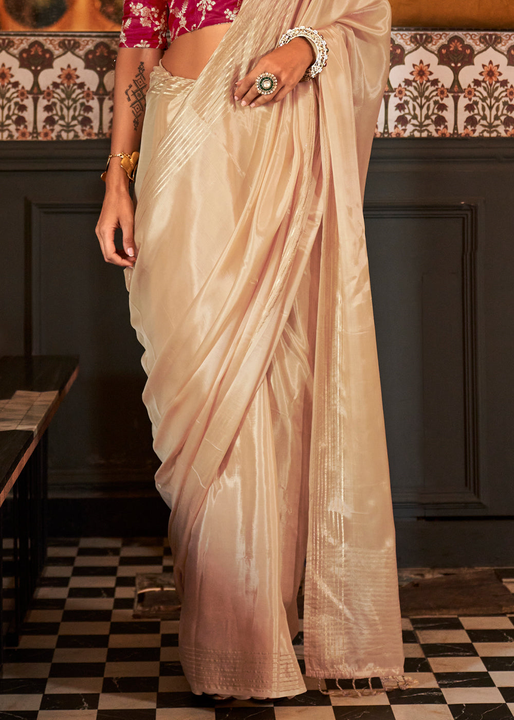 Beige Brown Handloom Woven Viscose Satin Saree with Contrast Blouse