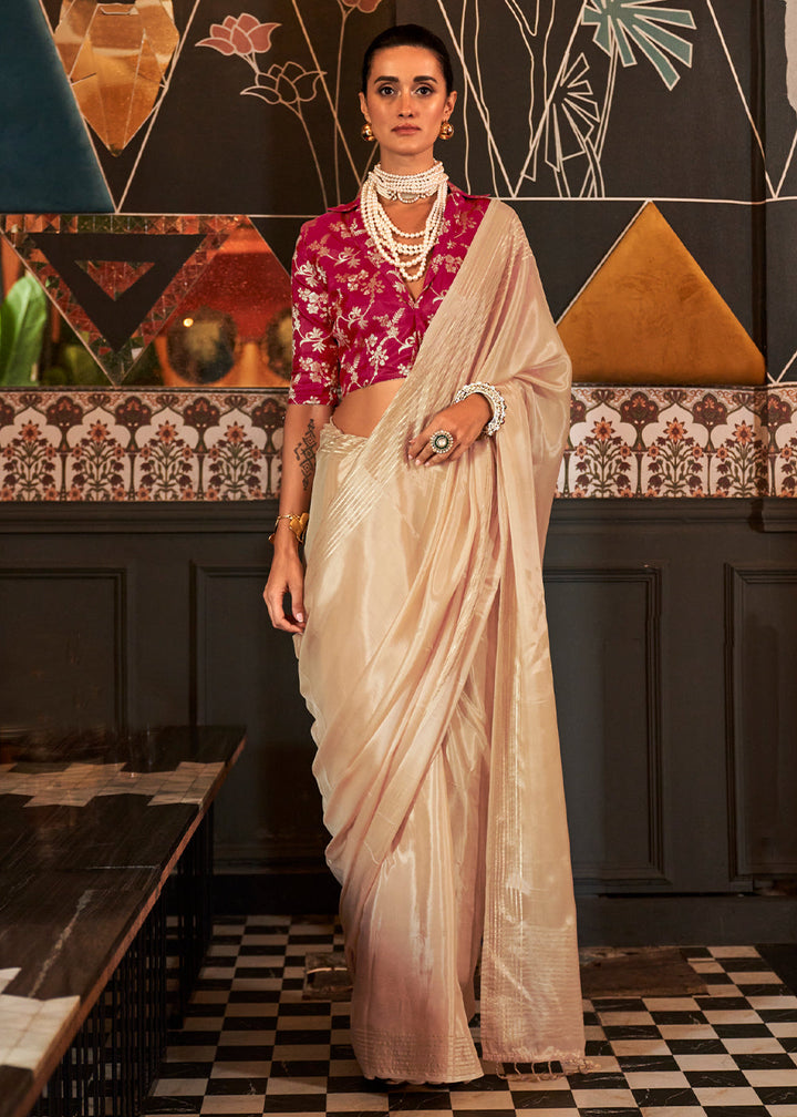 Beige Brown Handloom Woven Viscose Satin Saree with Contrast Blouse