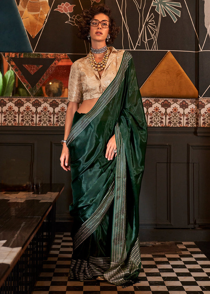 Sacramento Green Handloom Woven Viscose Satin Saree with Contrast Blouse