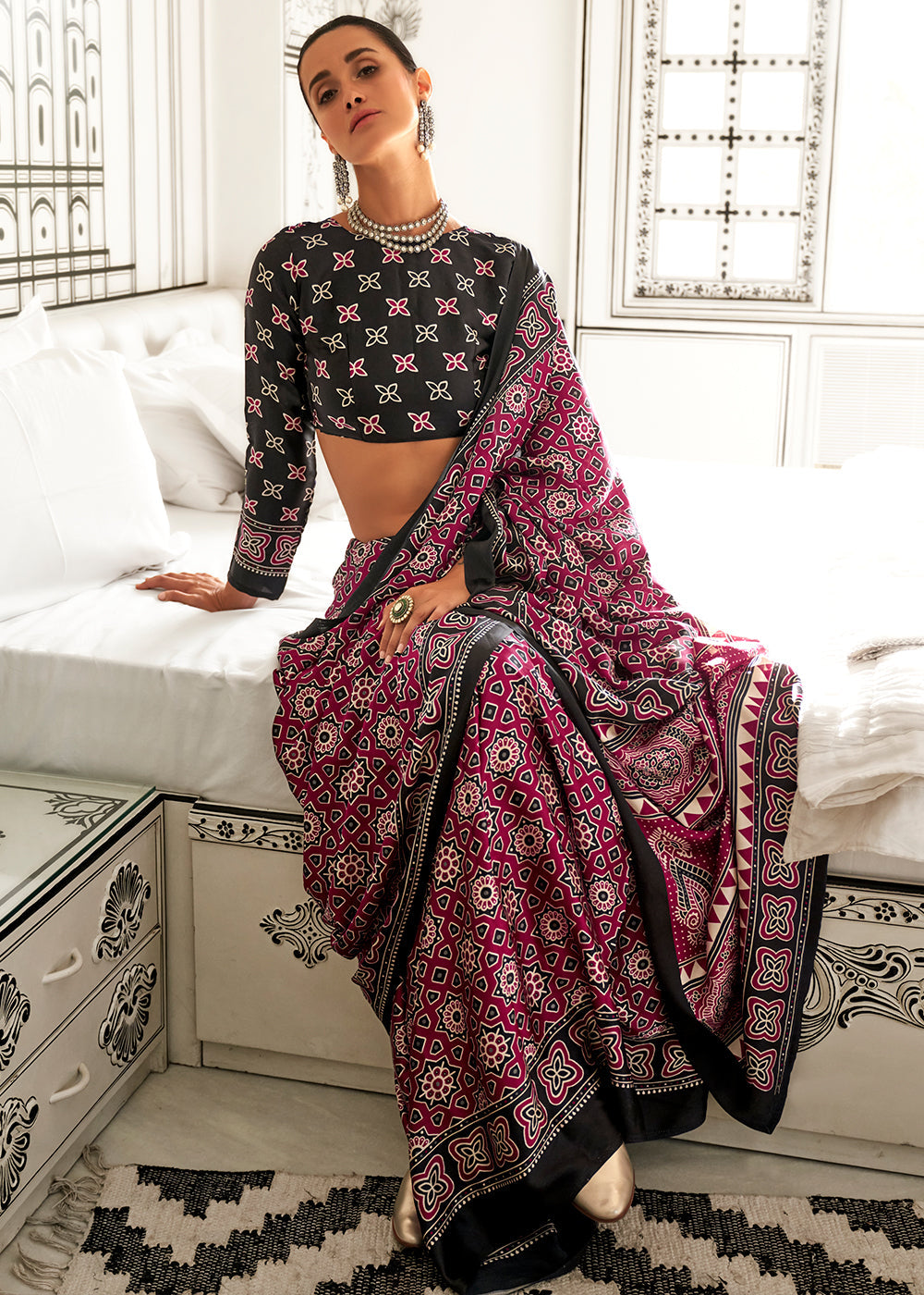 Cerise Pink Ajrakh Printed Satin Crepe Saree